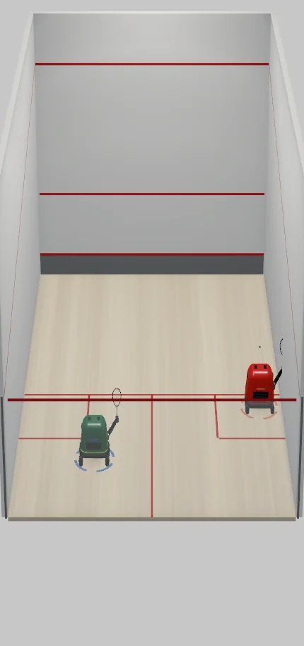 A real Unity development capture of Squash Reboot: two robots sharing the court during a match
